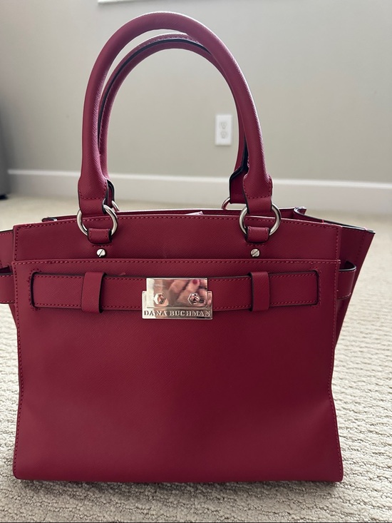 Dana Buchman Handbags - Dana Buchman Dark Red Saffiano Satchel with Metallic Plaque